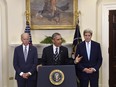 President Barack Obama, accompanied by Vice President Joe Biden and Secretary of State John Kerry, announces he's rejecting the Keystone XL pipeline because he does not believe it serves the national interest.