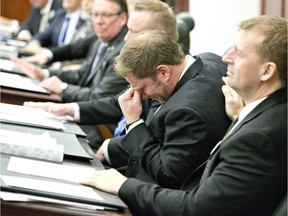 Conservative MLA Rick Fraser gets emotional during a tribute to Manmeet Bhullar at the Alberta Legislature chambers in Edmonton on Wednesday, Nov. 25. Bhullar, 35, was killed in a car accident on Monday afternoon while driving from Calgary to Edmonton.