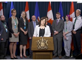 Minister of Justice and Solicitor General Kathleen Ganley speaks to the media about about Bill 7, the Alberta Human Rights Amendment Act, at the Alberta legislature in Edmonton on Nov. 19, 2015.