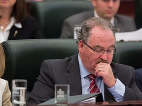 Minister of Transportation and Infrastructure Brian Mason reads over the 2015 provincial budget in Edmonton on Tuesday, Oct. 27, 2015.
