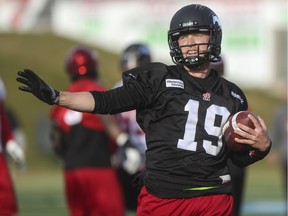 Calgary Stampeders quarterback Bo Levi Mitchell runs out a play during practice at McMahon Stadium in Calgary, on October 29, 2015.
