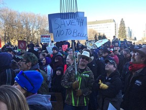 Farmer Scott Anderson and hundreds of others protest Bill 6 on Monday.