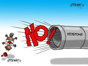 Vance Rodewalt editorial cartoon about rejection of the Keystone XL pipeline, for Calgary Herald edition of Nov. 7, 2015.