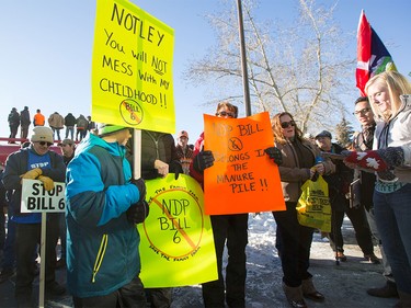 Protesters of Bill 6 gather outside of the Harvest Centre at Westerner Park in Red Deer on Tuesday, Dec. 1, 2015.