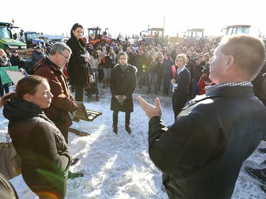 Municipal Affairs Minister Danielle Larivee speaks to protesters of Bill 6 outside of the Harvest Centre at Westerner Park in Red Deer on Tuesday, Dec. 1, 2015.