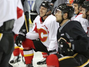 Calgary Flames Markus Granlund smiles during practice at the Scotiabank Saddledome in Calgary on December 9, 2015.