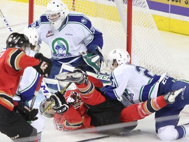 Calgary Hitmen Loch Morrison crashes into Swift Current Broncos netminder Travis Child during the annual Teddy Bear Toss at the Scotiabank Saddledome on December 6, 2015.
