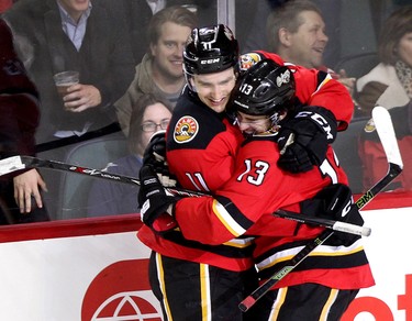 Calgary Flames Johnny Gaudreau, right, celebrates his third goal of the game against the Winnipeg Jets, with teammate Mikael Backlund at the Scotiabank Saddledome in Calgary on December 22, 2015.