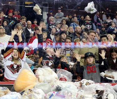 Annual Teddy Bear Toss at the Scotiabank Saddledome on December 6, 2015.