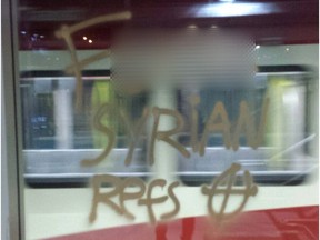 A blurred version of the graffiti found Dec. 3, 2015 at Tuscany CTrain station in Calgary.