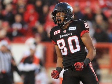 Calgary Stampeders receiver Eric Rogers celebrates a pass completion during the second half of the CFL's West Division semifinal at McMahon Stadium. Calgary won the