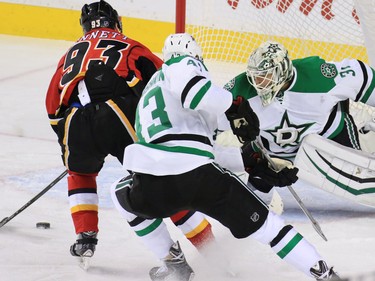 Calgary Flames centre Sam Bennett just misses on this scoring chance on Dallas Stars goaltender Antti Niemi during NHL action in Calgary on Tuesday December 1, 2015.