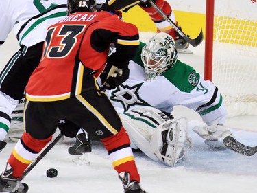The Calgary Flames' Johnny Gaudreau lines up to score on the Dallas Stars' Antti Niemi in NHL action on Tuesday December 1, 2015.