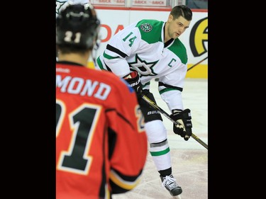Dallas Stars captain and top scorer Jamie Benn was photographed during warm-up before the Stars faced the Calgary Flames on Tuesday December 1, 2015.