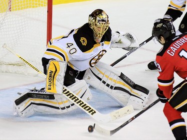 The Calgary Flames Johnny Gaudreau score on Truuka Rask in sudden death overtime to beat the  Boston Bruins 5-4 at the Scotiabank Saddledome on Friday December 4, 2015. It was a hat trick for Gaudreau.