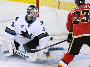Calgary Flames' forward Sean Monahan had this goal against San Jose Sharks goaltender Alex Stalock called back after an off side call during the second period of NHL action at the Scotiabank Saddledome on Tuesday December 8, 2015.