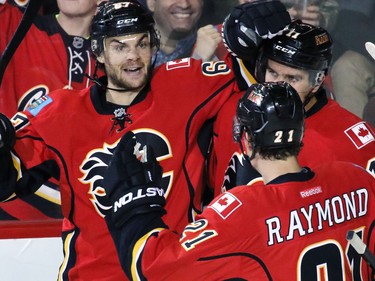 Calgary Flames' forward Michael Frolik celebrates scoring against San Jose Sharks goaltender Alex Stalock during the second period of NHL action at the Scotiabank Saddledome on Tuesday December 8, 2015.