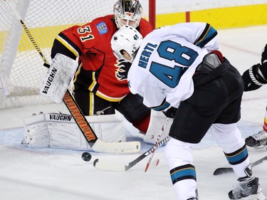 Calgary Flames goaltender Karri Ramo stopped this scoring chance by the San Jose Sharks' Tomas Hertl during the third period of NHL action at the Scotiabank Saddledome on Tuesday December 8, 2015.