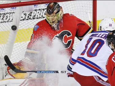 Calgary Flames goaltender Jonas Hiller wasn't able to stop New York Rangers J.T. Miller's shot during first period NHL action in Calgary on Saturday December 12, 2015.