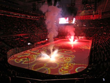 Fireworks light up the Scotiabank Saddledome on New Year's Eve following the Calgary Flames Los Angeles Kings game on December 31, 2015.