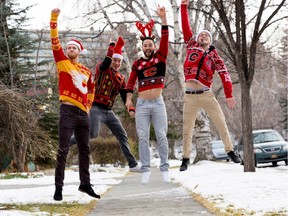 Modelling the Calgary Flames' Christmas sweater collection, while hamming it up for a promo video earlier this month are, from left, Dougie Hamilton, Markus Granlund, Brandon Bollig and Sam Bennett. Flames players are enjoying a three-day break for Christmas before hitting the ice for practice on Saturday ahead of hosting the Edmonton Oilers on Sunday (7 p.m., Scotiabank Saddledome).