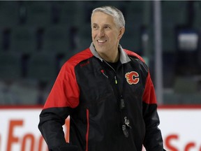 Calgary Flames head coach Bob Hartley during practice at the Scotiabank Saddledome on Dec. 3, 2015.