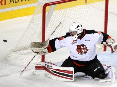 Tigers goalie Mack Shields makes a save as the Calgary Hitmen hosted the Medicine Hat Tigers in Western Hockey League action at the Saddledome on Saturday, December 19, 2015.