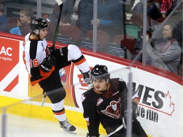 Tigers Max Gerlach celebrates a goal as the Calgary Hitmen hosted the Medicine Hat Tigers in Western Hockey League action at the Saddledome on Saturday, December 19, 2015.