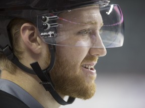 Calgary Flames defenceman Dougie Hamilton looks on during practice at the Saddledome on Wednesday.