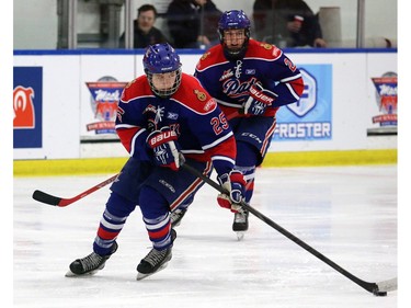 Pats Randen Schmidt makes a play as the Regina Pat Canadiens played the South Island Royals at the Mac's AAA Midget Hockey tournament on December 27, 2015 at the Max Bell arena.