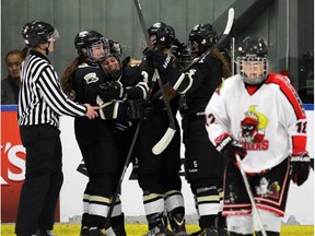 The Rocky Mountain Raiders celebrate goal number 4, which tied the game, as they  played the Lloydminster PWM Steelers in a close game on December 27, 2015.