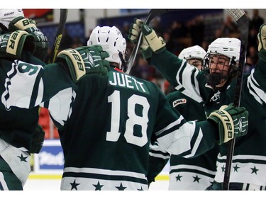 Northstars Brayden Juett leads the celebration for a goal as the Calgary Northstars played the Sherwood Park Kings at the Max Bell Centre arena one on December 28, 2015.
