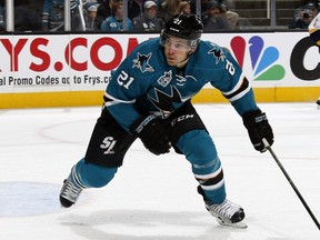 Ben Smith of the San Jose Sharks skates after the puck against the Nashville Predators during a game in October. His mom's cousin is the great Eric Idle of Monty Python's Flying Circus fame.