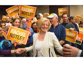 Rachel Notley, leader of the Alberta NDP, is all smiles as she shakes hands with supporters at the MacEwan Hall Ballroom at the University of Calgary in Calgary on Saturday, May 2, 2015.