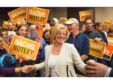 Rachel Notley, leader of the Alberta NDP, is all smiles as she shakes hands with supporters at the MacEwan Hall Ballroom at the University of Calgary in Calgary on Saturday, May 2, 2015.