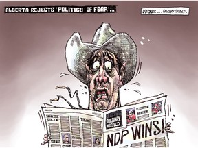 Newspaper reader shocked to hear NDP have won provincial election, for Calgary Herald issue of Thursday, May 7, 2015. John Larter editorial cartoon.