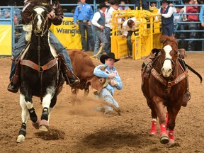 Cochrane steer wrestler Tanner Milan finished third in Wednesday's round after dropping his charge in 3.9 seconds.