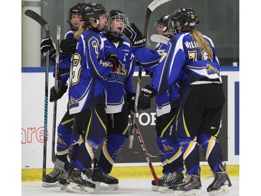 Westman Wildcats captain Courtney Ganske celebrates with teammates after the wildcats scored the first of their goals in a 2-2 tie against the Fraser Valley Rush  during the Mac's Midget Tournament Wednesday December 30, 2015 at Max Bell Arena.