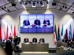 President of the OPEC Conference Emmanuel Ibe Kachikwu (C) leads the 168th Ordinary meeting of the Conference of the Organization of the Petroleum Exporting Countries OPEC at the OPEC headquarters in Vienna, on December 4, 2015.
