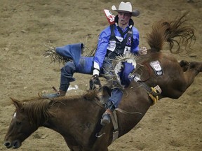 Canadian Orin Larsen competes in the bareback riding event during the sixth go-round of the National Finals Rodeo Tuesday in Las Vegas.