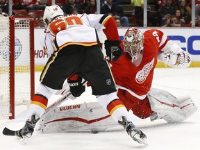 Detroit Red Wings goalie Petr Mrazek stops Calgary Flames centre Markus Granlund point-blank in the third period on Sunday. The Wings won 4-2.