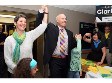 Greg Clark and his wife Jess arrive hand-in-hand as his Alberta Party won the seat in Calgary Elbow on election day.