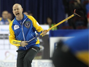 Calgary's Kevin Koe, seen in action at the 2015 Brier in Calgary, is 2-0 after the opening day of the Canada Cup of Curling in Grande Prairie.