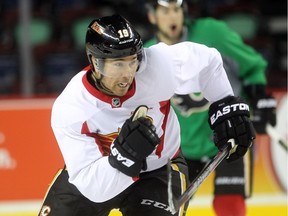 Calgary Flames right winger David Jones ran through drills during practice at the Scotiabank Saddledome on Monday.