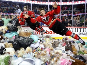 Calgary Hitmen players Layne Bensmiller, left, and Radel Fazleev jump into a pile of bears during the annual Teddy Bear Toss at the Scotiabank Saddledome on Sunday. A world record number of stuffies rained down after Jordy Stallard's goal.