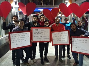 A group of Calgarians made hearts and wrote inspirational messages of love and understanding after anti-Muslim and anti-Syrian graffiti was found at Tuscany C-Train station on Dec. 3, 2015.