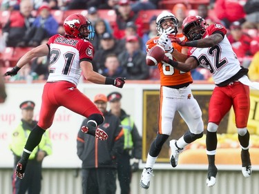 Calgary Stampeder defensive back Tevaughn Campbell jumps to intercept a B.C. Lions pass at McMahon Stadium in Calgary on Friday, June 12, 2015. The Calgary Stampeders tied the B.C. Lions, 6-6, at the end of the half in an pre-season exhibition game.