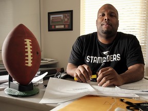 DeVone Claybrooks, a former defensive lineman who is now the Stamps defensive co-ordinator.
