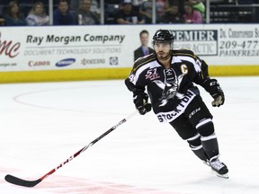 Garet Hunt, seen skating with the Stockton Thunder of the ECHL last season, is the only man to have his jersey retired by the franchise, which is now the Stockton Heat, Calgary's AHL farm team.