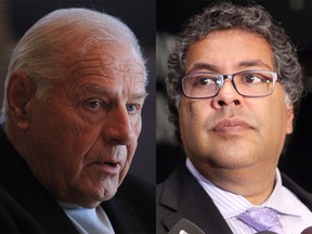 Home builder Cal Wenzel, left, and Mayor Naheed Nenshi, right, agreed to settle a legal dispute in December 2015.